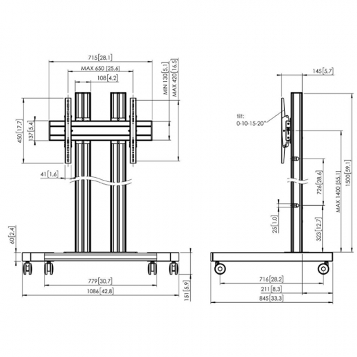 Monitor Rollwagen Schwarz für Displays ab 65 Zoll, max. 80 kg