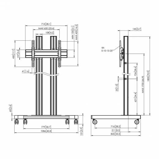 Monitor Rollwagen Silber für Displays ab 65 Zoll, max. 80 kg