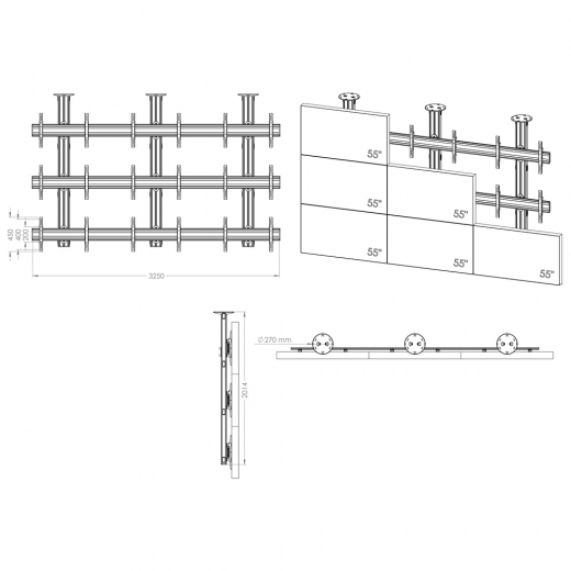 Multiscreen TV-Deckenhalterung für neun Monitore von 55-70 Zoll 3x3