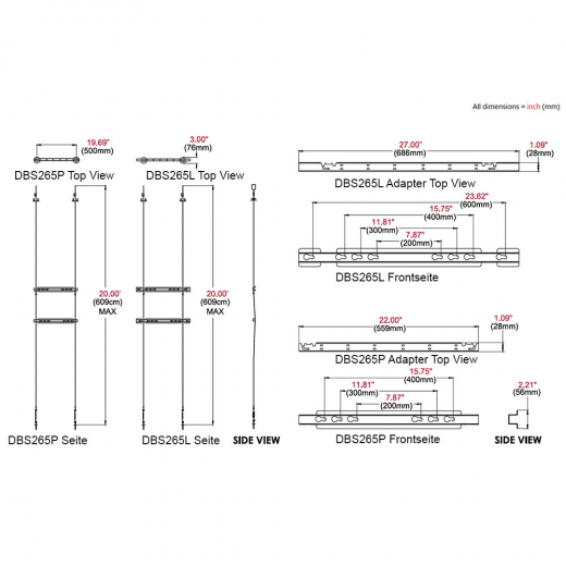 DBS265 LED TV Decken-Boden-Kabel fuer Displays von 46 bis 65 Zoll