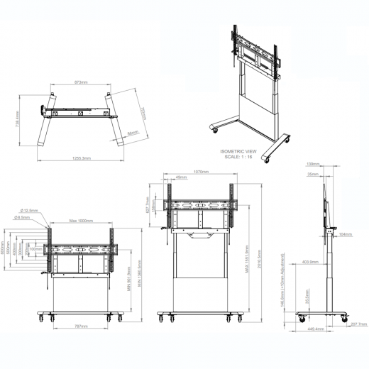 Elektrisch hoehenverstellbarer Rollwagen BT8568 fuer Display bis 86 Zoll