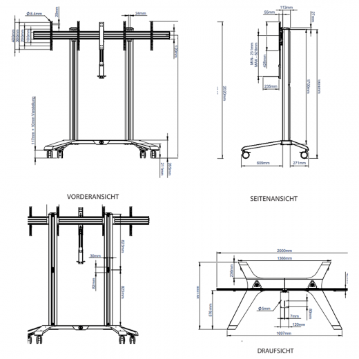 Videokonferenz Rollwagen fuer zwei Bildschirme bis 46 Zoll