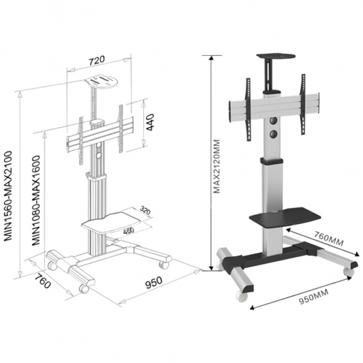 Hoehenverstellbarer Rollwagen auf Rollen mit Rotations-Funktion fuer 30-70 Zoll Displays