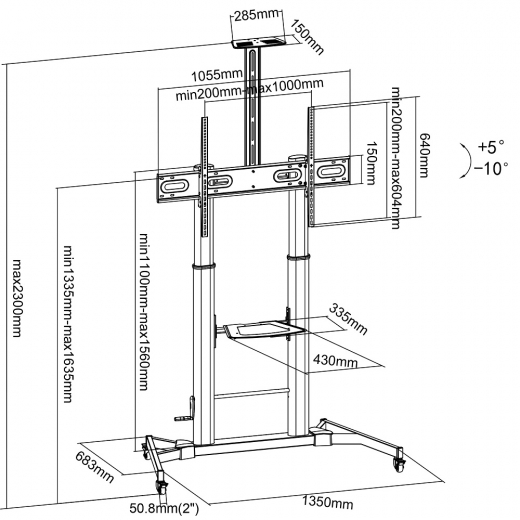 Höhenverstellbarer Rollwagen für Flachbildschirme 60 - 100