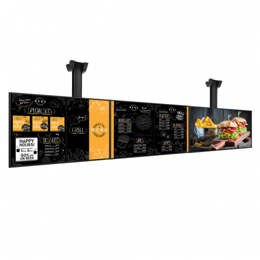 Digitales Menüboard Set 3x 50 Zoll UHD Displays im Querformat mit Deckenhalterung