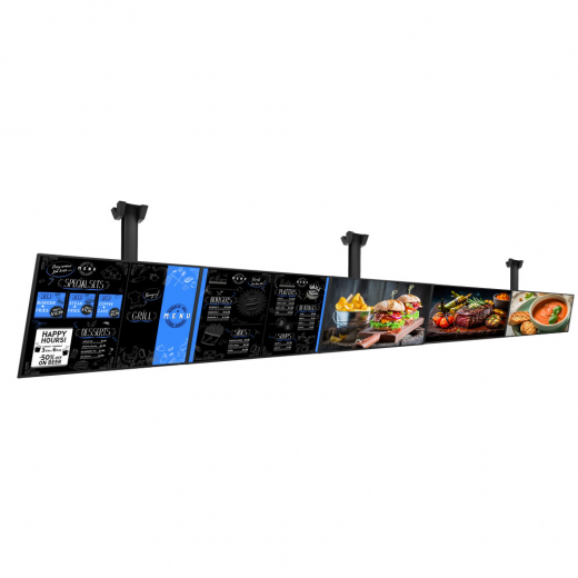 Digitales Menüboard Set 5x 50 Zoll UHD Displays im Querformat mit Deckenhalterung
