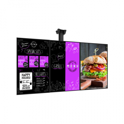 Digitales Menüboard Set 3x 50 Zoll UHD Displays im Hochformat mit Deckenhalterung