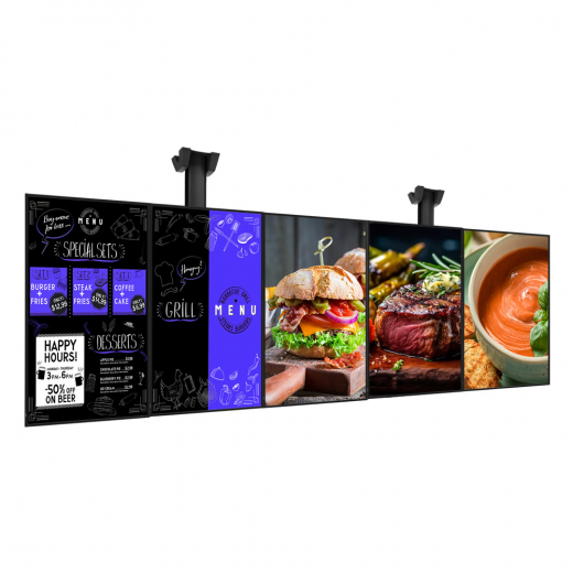 Digitales Menüboard Set 5x 50 Zoll UHD Displays im Hochformat mit Deckenhalterung