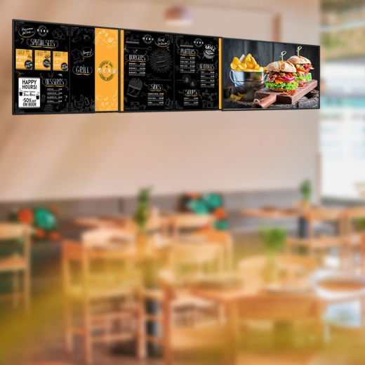 Digitales Menüboard Set 5x 50 Zoll UHD Displays im Hochformat mit Deckenhalterung