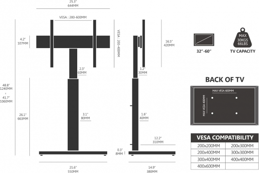 FITUEYES TV-Standfuß F02A1461A Weiß für 32–60 Zoll Fernseher, höhenverstellbar & schwenkbar