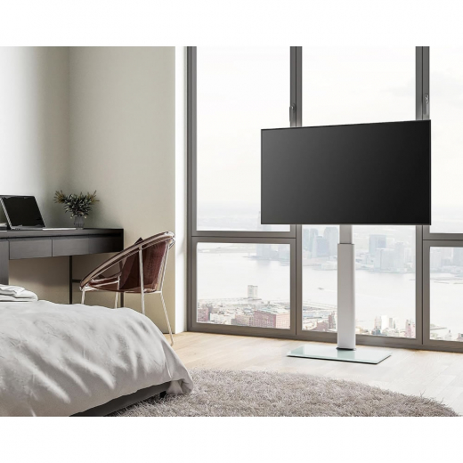 TV Standfuß mit Glasboden 32–60 Zoll | 8-fach höhenverstellbar, schwenkbar, bis 30 kg, Weiß