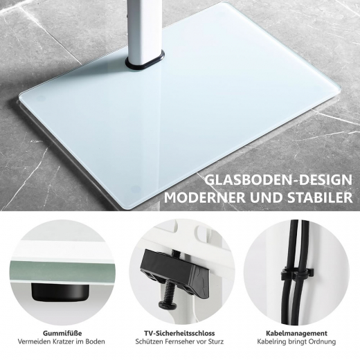 TV Standfuß mit Glasboden 32–60 Zoll | 8-fach höhenverstellbar, schwenkbar, bis 30 kg, Weiß
