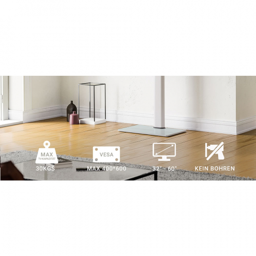 TV Standfuß mit Glasboden 32–60 Zoll | 8-fach höhenverstellbar, schwenkbar, bis 30 kg, Weiß