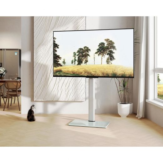 TV Standfuß mit Glasboden 32–60 Zoll | 8-fach höhenverstellbar, schwenkbar, bis 30 kg, Weiß