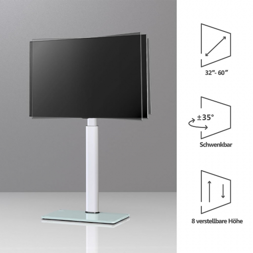 TV Standfuß mit Glasboden 32–60 Zoll | 8-fach höhenverstellbar, schwenkbar, bis 30 kg, Weiß