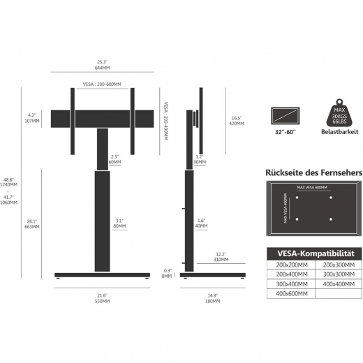 TV Standfuß mit Glasboden 32–60 Zoll | 8-fach höhenverstellbar, schwenkbar, bis 30 kg, Weiß