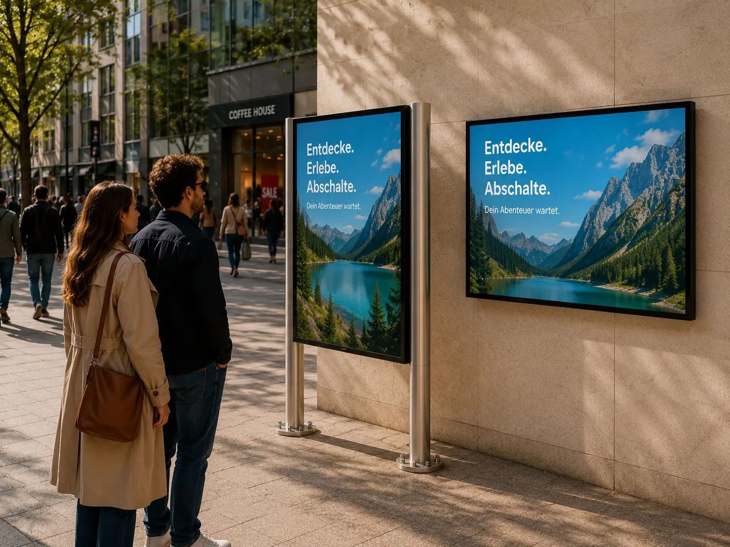 Outdoor-Display mit Standfu&szlig; f&uuml;r Gesch&auml;fte und Beh&ouml;rden &mdash; Hochformat auf Edelstahl-Doppelstandfu&szlig; DOOHSTAND-ES aus Eigenfertigung Wedemark bei Hannover