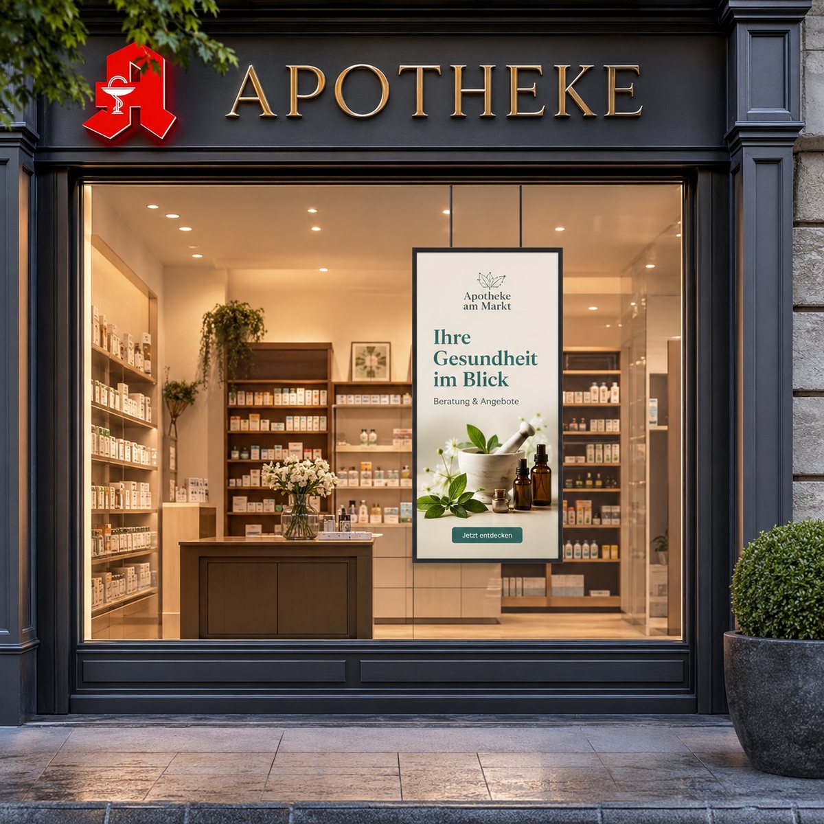 Schaufenster Display im Hochformat im Fenster einer Apotheke: Der High-Brightness-Monitor mit 2500 Nits zeigt Gesundheitsberatung, Aktionen und Notdienstinformationen und ist auch nach Ladenschluss von der Straße aus sichtbar