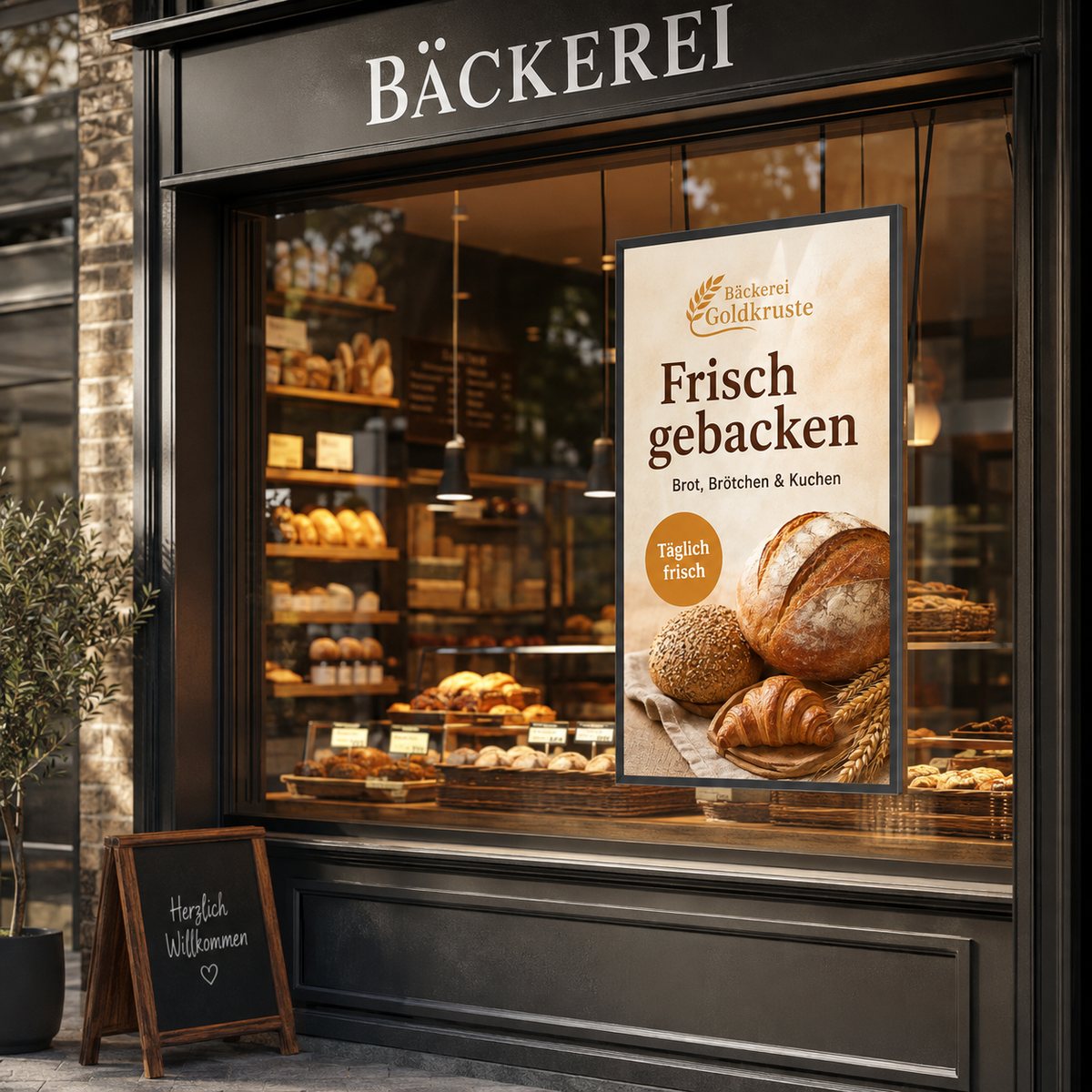 Schaufenster Display im Hochformat in der Glasfront einer Bäckerei: wetterfester High-Brightness-Monitor mit 2500 Nits, an der Decke hinter der Scheibe abgehängt, zeigt digitale Werbung für frische Backwaren