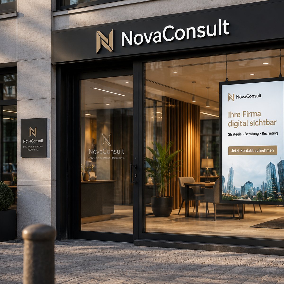 Schaufenster Display im Hochformat im Fenster eines Beratungsunternehmens: Der Monitor mit 2500 Nits zeigt Leistungen aus Strategie, Beratung und Recruiting sowie einen Aufruf zur Kontaktaufnahme