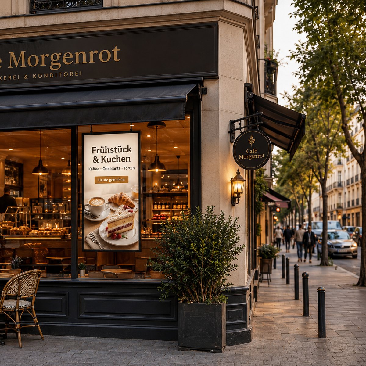 Doppelseitiges Schaufenster Display mit 2500 Nits pro Seite, frei im Fenster eines Cafés abgehängt, bespielt gleichzeitig die Straße und den Gastraum