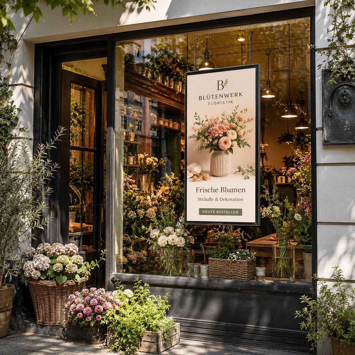 Schaufenster Display im Hochformat im Fenster einer Gelateria: Der High-Brightness-Monitor mit 2500 Nits zeigt Sommer-Highlights, Eisbecher, Shakes und Waffeln und bleibt trotz Sonneneinstrahlung auf der Einkaufsstraße klar lesbar