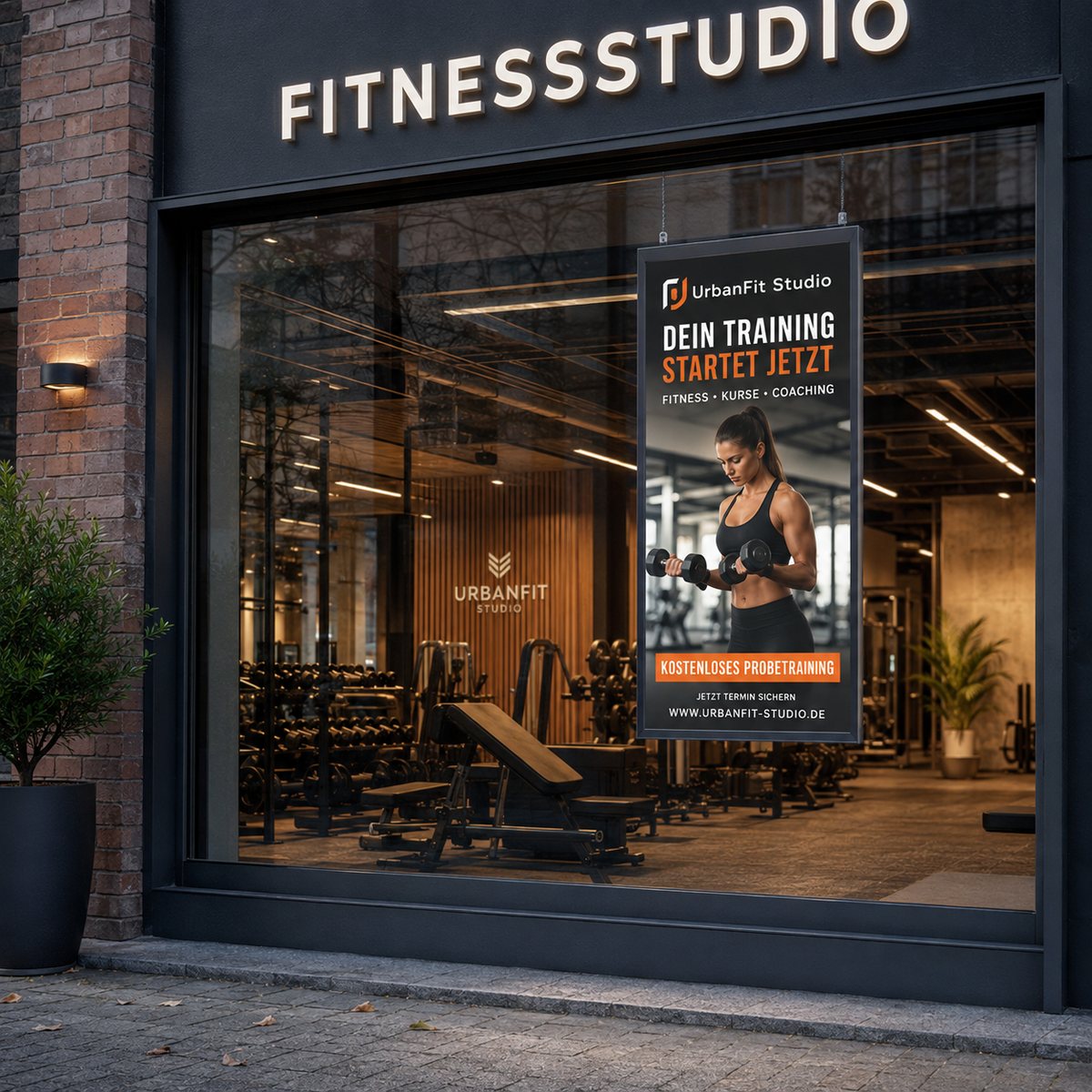 Schaufenster Display im Hochformat in der Glasfassade eines Fitnessstudios: Der Monitor mit 2500 Nits bewirbt ein kostenloses Probetraining, den Kursplan und Mitgliedschaftsangebote rund um die Uhr