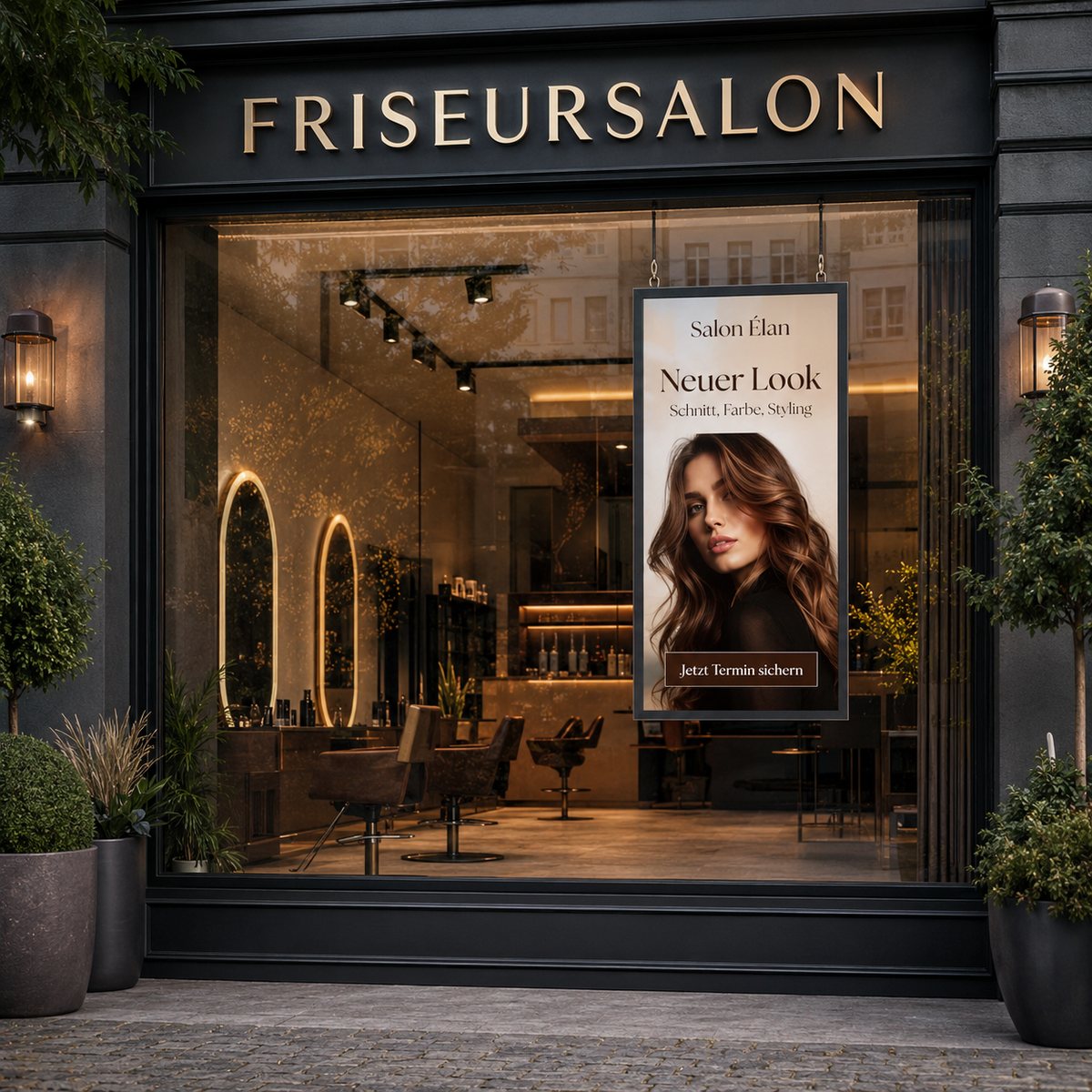 Schaufenster Display im Hochformat im Schaufenster eines Friseursalons: Der High-Brightness-Monitor mit 2500 Nits zeigt Styling-Angebote, freie Termine und Produktbilder für Passanten auf dem Bürgersteig