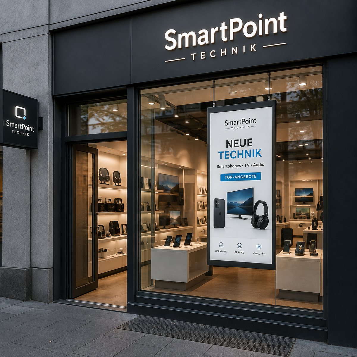 Schaufenster Display im Hochformat im Fenster eines Kosmetikstudios: Der High-Brightness-Monitor mit 2500 Nits zeigt Beauty- und Pflegebehandlungen, Wellnessangebote und einen Aufruf zur Terminbuchung