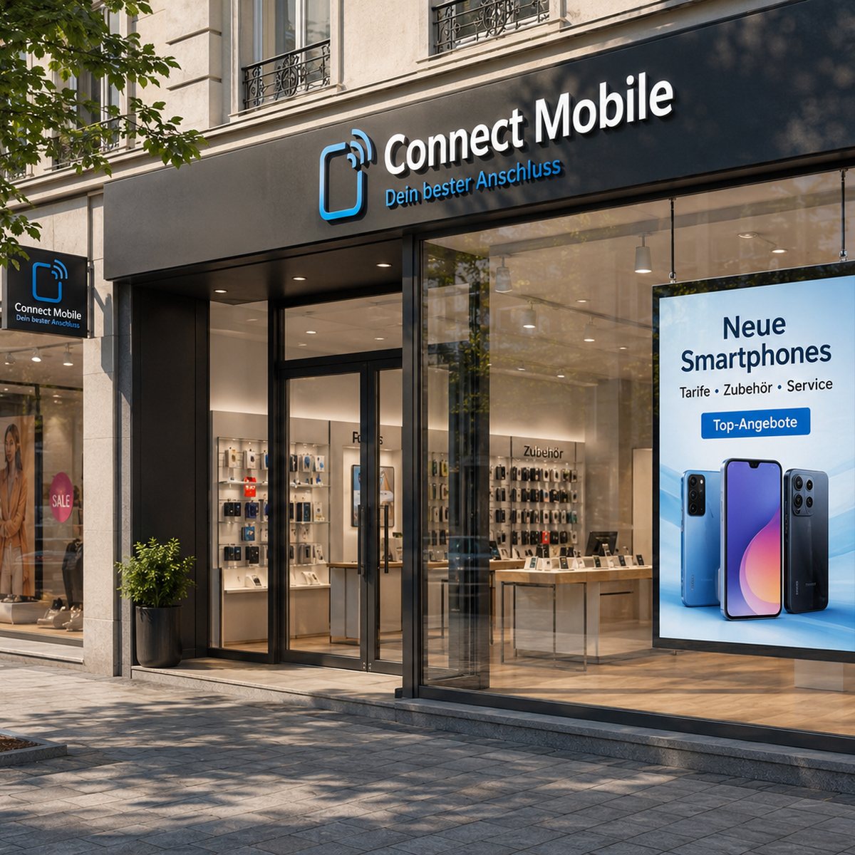 Schaufenster Display im Hochformat in der Glasfront eines Mobilfunkshops: Der Monitor mit 2500 Nits bewirbt neue Smartphones, Tarife, Zubehör und Serviceleistungen für Passanten in der Innenstadt