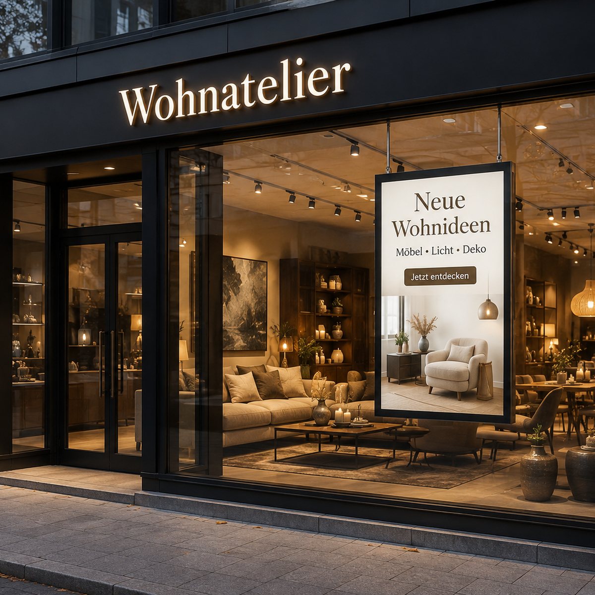Schaufenster Display im Hochformat in der Fensterfront eines Einrichtungshauses: Der Monitor mit 2500 Nits zeigt neue Wohnideen aus den Bereichen Möbel, Licht und Dekoration mit Raumfotos
