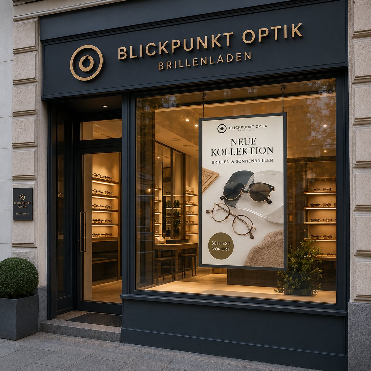 Einseitiges Schaufenster Display mit 2500 Nits im Hochformat, an der Decke hinter der Scheibe eines Optikers abgehängt, zeigt die neue Brillenkollektion zur Straße