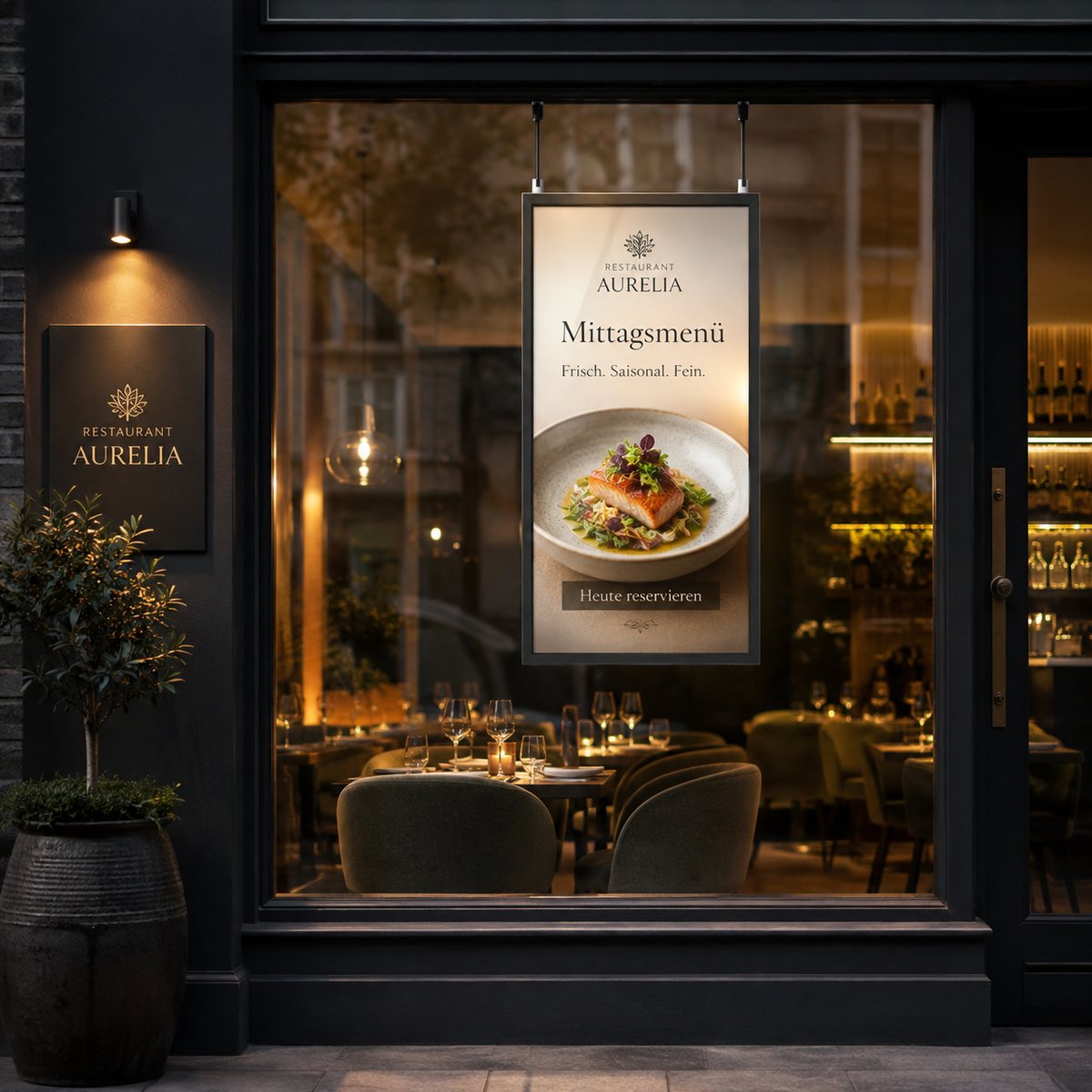 Schaufenster Display im Hochformat in der Fensterfront eines Restaurants: Der Monitor mit 2500 Nits zeigt das Mittagsmenü mit Gerichtefoto und wechselt zeitgesteuert automatisch auf die Abendkarte