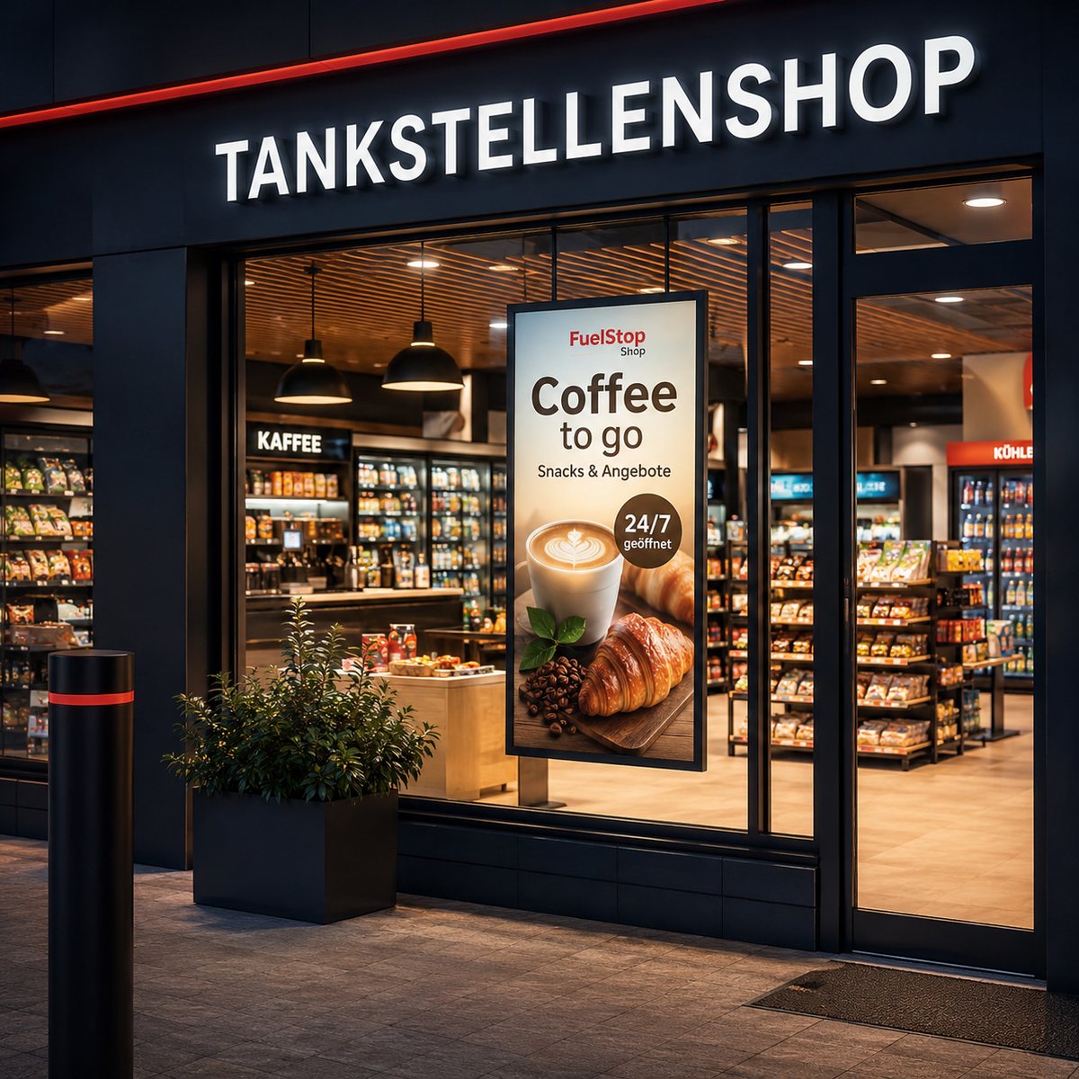 Schaufenster Display im Hochformat im Fenster eines Tankstellenshops: Der Monitor mit 2500 Nits bewirbt Coffee to go, Snacks und Aktionen im 24-Stunden-Dauerbetrieb und wird zentral für alle Standorte gepflegt