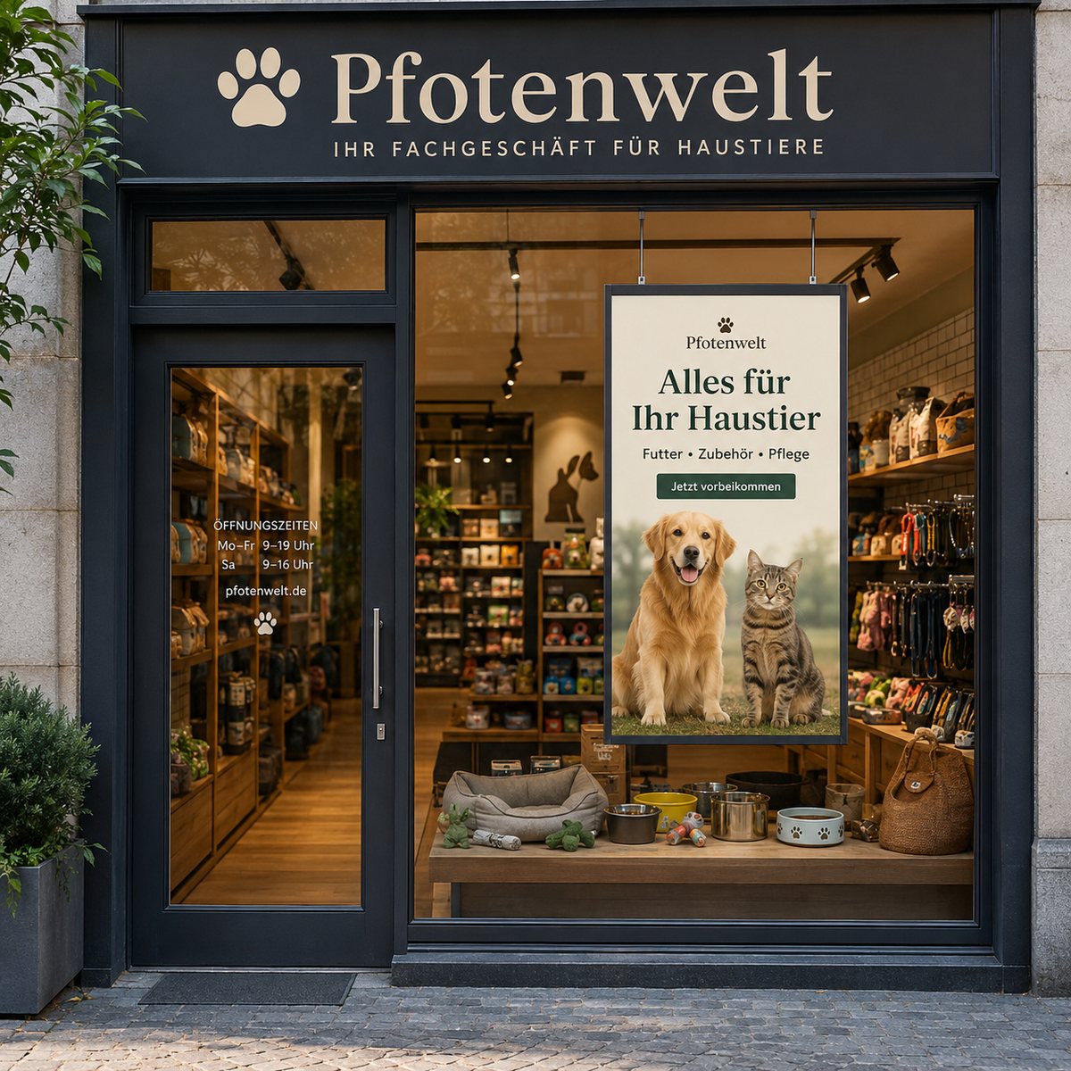 Schaufenster Display im Hochformat in der Fensterfront einer Zahnarztpraxis: Der Monitor mit 2500 Nits zeigt Leistungen wie Prophylaxe, Bleaching und Beratung sowie die Möglichkeit zur Terminvereinbarung